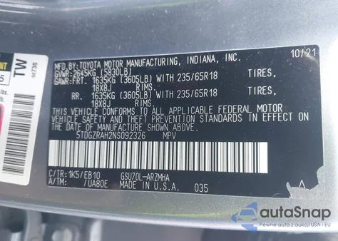 2022 Toyota Highlander Xle z USA, uszkodzony, nr VIN 5TDGZRAH2NS092326